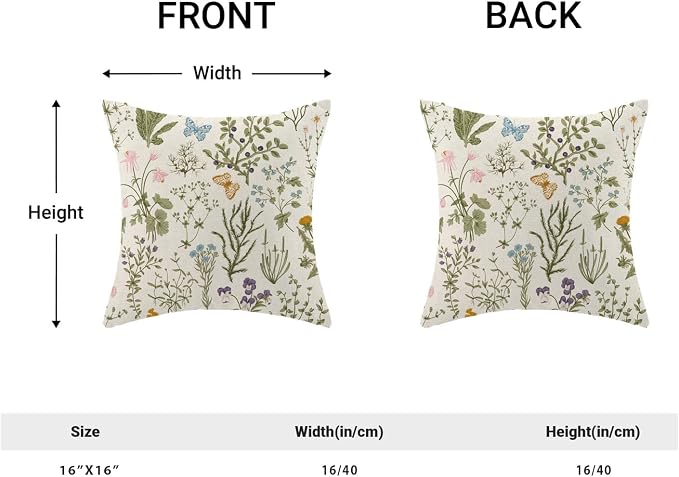 AEIOAE Spring Sage Green Wild Flower Pillow Covers 16x16 Set of 2 | Plant Throw Pillows Case,Seasonal Floral Outdoor Decorative Linen Farmhouse Decor Cushion Covers for Home Sofa Bed Couch