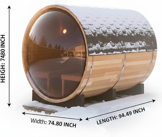 Outdoor Wooden Panoramic Barrel Sauna, 6-8 Person Sauna Room, 220V，6kw Toule Electric Heater with Sauna Stone, and Asphalt Shingle Roof (Red Ceder)