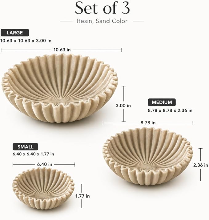 YMXYJM Decorative Bowl Set of 3, Fluted Resin Bowls for Home Decor, Beige | Includes three different sizes (Large, Medium & Small) for versatile use
