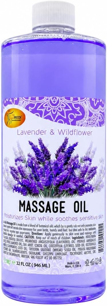 SPA REDI Lavender Massage Oil – Zero-Residue Botanical Blend for Deep Tissue & Dry Skin Care | Vitamin E, Avocado & Almond Oil | Sulfate-Free, Cruelty-Free | Professional & At-Home Use | 32 oz