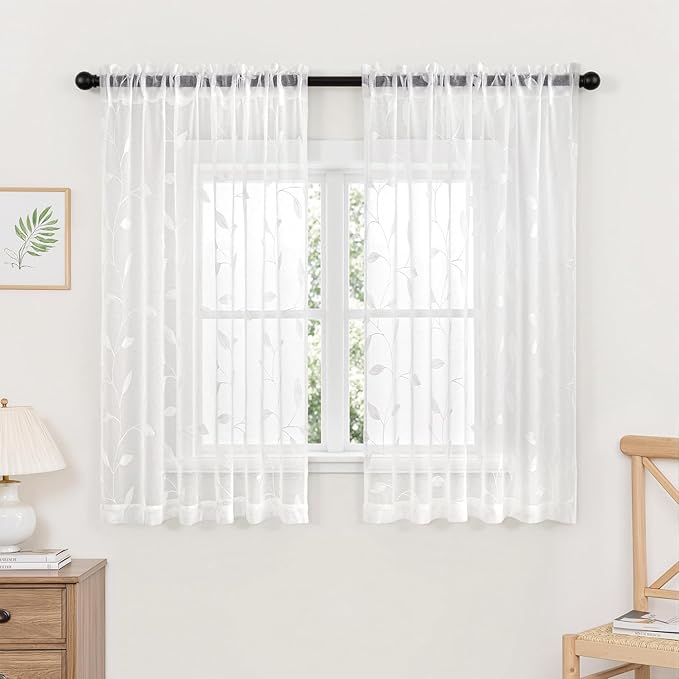 MIULEE White Sheer Curtains 2 Panels Embroidered Leaf Patterned Rod Pocket Floral Semi Sheer Faux Linen Short Window Curtains Drapes Set for Kitchen Living Room Bedroom, 52x54 Inches Length