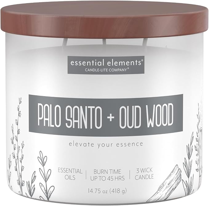 Candle-lite Essential Elements Scented Candles, Palo Santo & Oud Wood, 14.75 oz Jar, Proudly Poured in the USA, Aromatherapy, 3-Wick with 45 Hours of BurnTime, Perfect for Creating a Relaxing Ambiance
