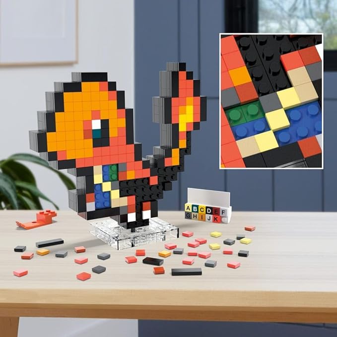 Mega Pokémon Glumanda HTH76 - Buildable Retro Pixel Art Figure with Wall Mount Base for Adult Builders and Collectors