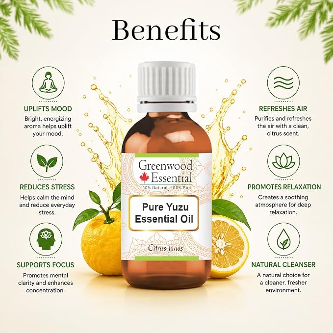 Greenwood Essential Yuzu Oil (Citrus junos) | Cold Pressed | Natural | Undiluted | For Diluting Essential Oils | For Skin & Massage | Men & Women | 5ml (0.16 oz)