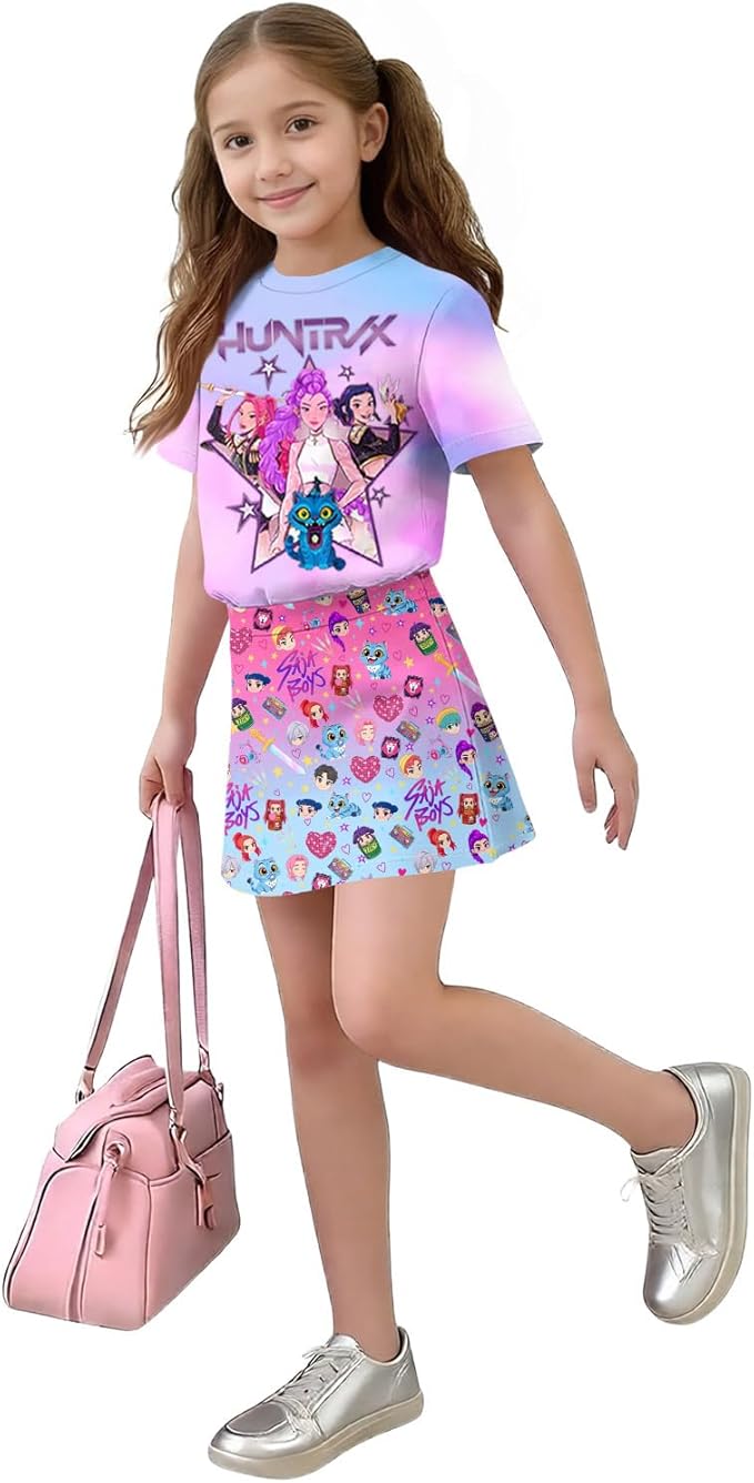 HTHLVMD K Pop Short Sleeve T-Shirt and Skirts Outfits Set for Girls Hunters Rumi Mira Zoey Graphic Tees De-Mon Costume