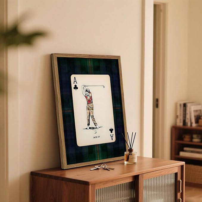 Vintage Golf Wall Art, Playing Card Golfer Sports Wall Decor Paintings Retro Navy Plaid Canvas Prints Picture for Bedroom Living Room Man Cave Country Club 12x16 inch Wood Framed