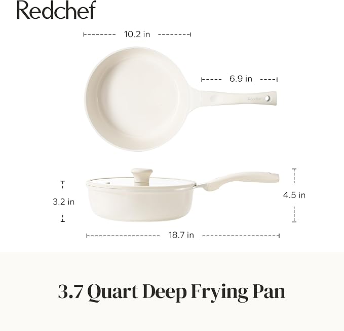 Redchef Nonstick Deep Frying Pan with Lid, Ceramic Saute Pan Skillet, PFOA PFOS Free, Induction Compatible, Stay-Cool Helper Handle, Tempered Glass Cover, Dishwasher Safe, Beige (3.7Qt, 10")