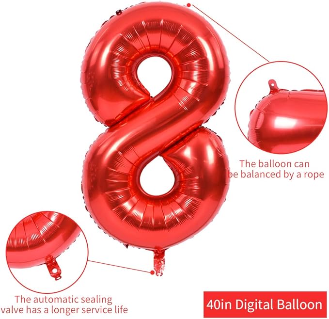 TONIFUL 40 Inch Red Large Numbers Balloons 0-9, Number 8 Digital 8 Helium Balloons, Foil Mylar Big Number Balloons for Birthday Party Anniversary Supplies Decorations