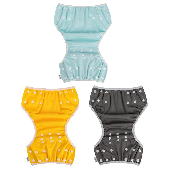 Babygoal Neutral Swim Diapers 3 Pack for 8M-3T Babies and Toddlers, Reusable Adjustable Washable for Baby Girl and Boy Swimming Lessons-Blue,Yellow,Grey