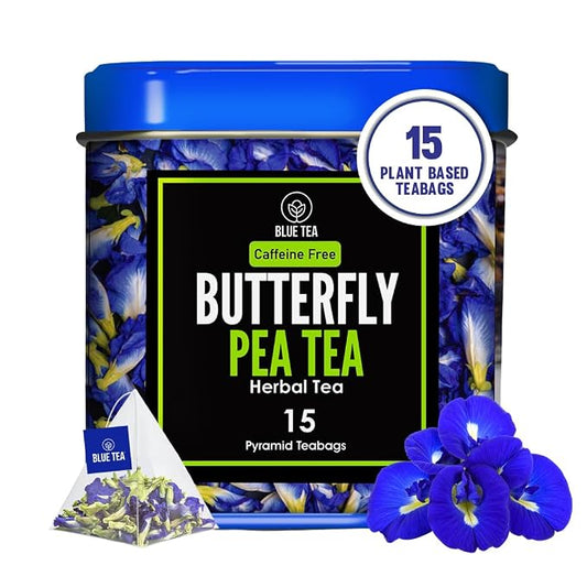 BLUE TEA - Butterfly Pea Flower Tea - 15 Count - Pyramid Plant Based Tea Bag | ANTIOXIDANT RICH | Herbal Tea - Caffeine Free - Detox Tea - Flower Based - Non Bitter | Reusable Tin Pack