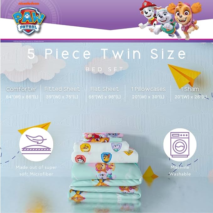 Paw Patrol Girl Skye Kids Bedding Super Soft & Cozy Reverisble Microfiber Comforter and Sheet Set with Sham, 5 Piece Twin Size, (Officially Licensed Product) By Franco
