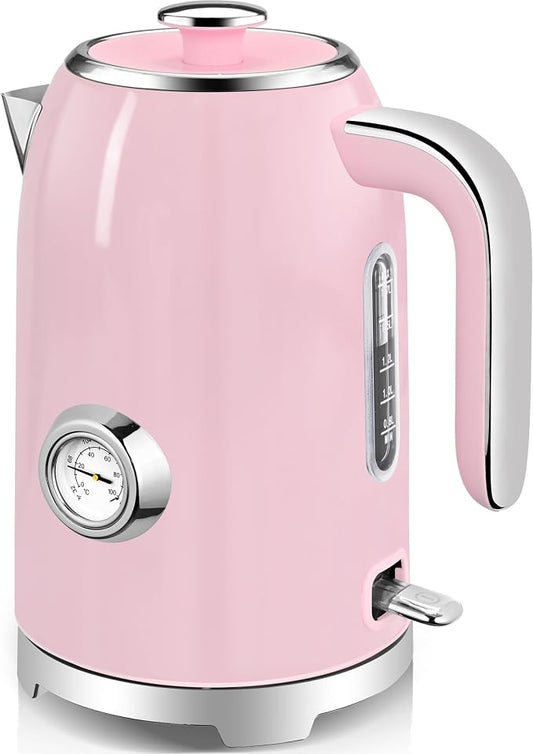 SUSTEAS Electric Kettle - 57oz Hot Tea Water Boiler with Thermometer, 1500W Fast Heating Stainless Steel Pot, Cordless LED Indicator, Auto Shut-Off & Boil Dry Protection, Pink
