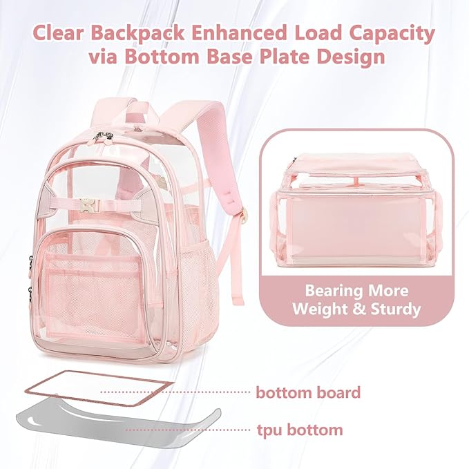 Cusangel Clear Backpack for Girls kids,Pink tpu Heavy Duty 16in Transparent Bookbag for School,Student children Bag Stadium Approved See Through Backpack,Stitch Bag durability