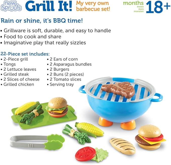 Learning Resources New Sprouts Grill It! Barbecue Set - Play Food for Kids, Kitchen Toys Accessories, Imaginative Play, Fine Motor Skills, Interactive Toddler Activities, Gifts for Boys and Girls