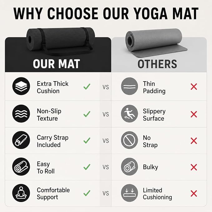 Non Slip Yoga Mat, Extra Thick TPE Exercise Mats for Home Workout with Carrying Strap, Durable Anti-Tear Fitness Mat for Pilates Stretching Gym