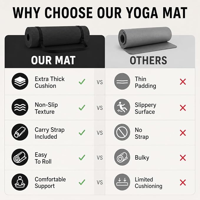 Non Slip Yoga Mat, Extra Thick TPE Exercise Mats for Home Workout with Carrying Strap, Durable Anti-Tear Fitness Mat for Pilates Stretching Gym