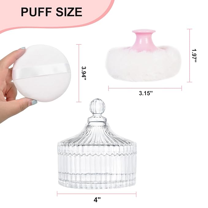 LAKIRA Large Body Powder Puff and Container, 2 Large Powder Puffs, Crystal Powder Container with 3.93" Puff for Baby Women, Dusting Powder Container with Puffs for Women, Bath, Home Use (4″ Pure)