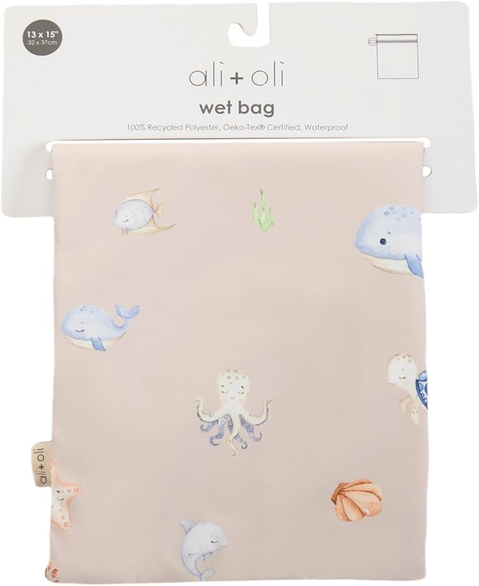 Ali+Oli Water Resistant Dual-Compartment Wet-Dry Bag for Travel, Hook to Stroller, Daycare, Diapers, Diaper Bag, Clutch Bag,15x12 inches (Undersea)