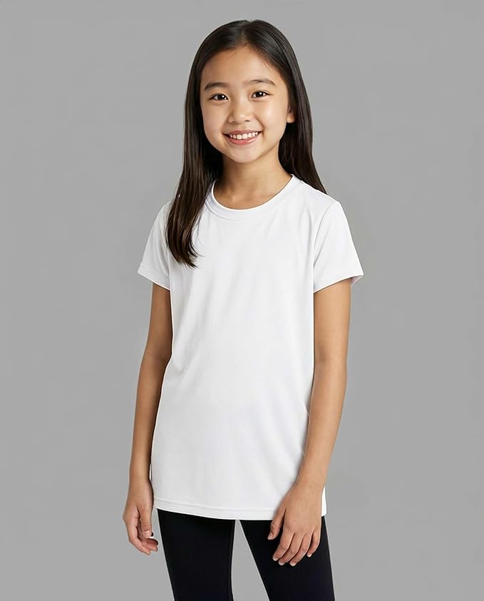 Real Essentials 5 Pack: Girls' Short Sleeve Dry-Fit Athletic T-Shirt - Active Gym Crew Neck Tops for Teens Kids (Ages 4-16)