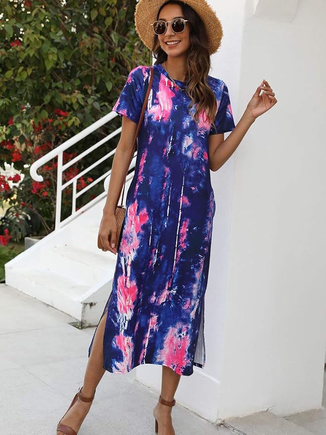 Naggoo Women's Casual T Shirt Midi Dress with Side Slit and Pockets