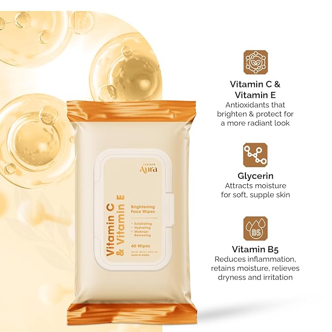 Vitamin C & Vitamin E Face Wipes – Dermatologist Tested, Anti-Aging, Korean Skin Care – Removes Makeup, Hydrates, Softens The Look Of Fine Lines – Vegan, Clean Beauty – 60 Count