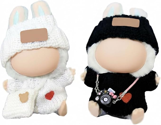 Clothes Outfits for 17cm Doll 6 Piece Set Crochet Hat Sweater Backpack Camera Cute Clothes Accessories Suit No Doll (White,Black)
