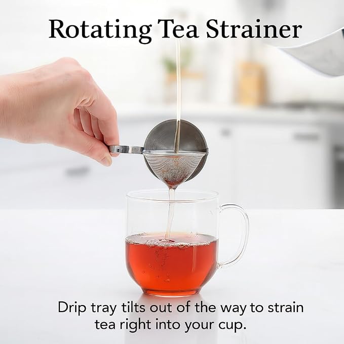 HIC Kitchen Tip Tea Strainer, 18/8 Stainless Steel, Loose Leaf Tea Filter With Drip Tray, Mess-Free Tea Serving