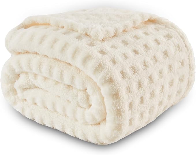 NEWCOSPLAY 3D Waffle Checkered Flannel Throw Blanket, Ivory, 50"x70" | Super Soft Cute Lightweight Decorative Premium Silky Fleece Blanket for Couch Sofa Bed, Gift for Women Men, All Season Use