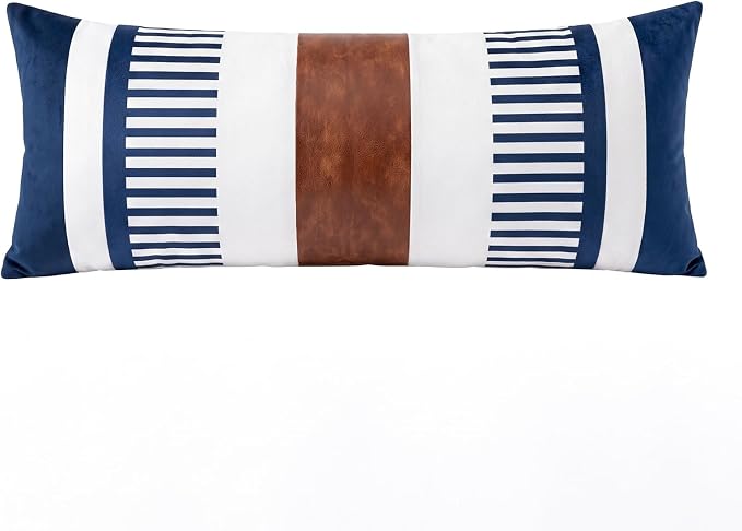 14x36 Lumbar Pillow Cover, Navy Blue Stripe and Brown Faux Leather Color Block Long Throw Pillow Case for Couch Bed Sofa, Farmhouse Modern Decorative Body Cushion Cover for Covered Porch