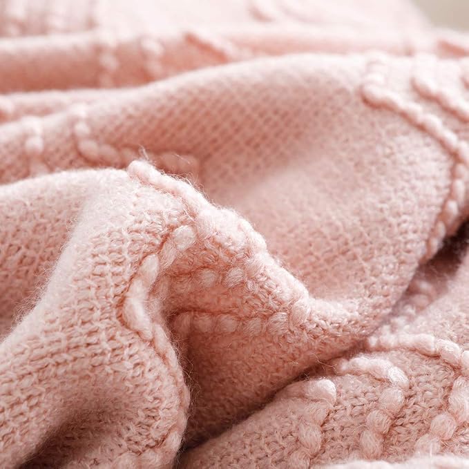 BOURINA Pink Throw Blanket 50x60 Inch Boho Knitted Soft Throw Sofa Blanket | Knitted Throw Blanket 50x60 Inches, Soft Lightweight Boho Weave Throw Decorative Couch Blanket for Living Room Bedroom Chair