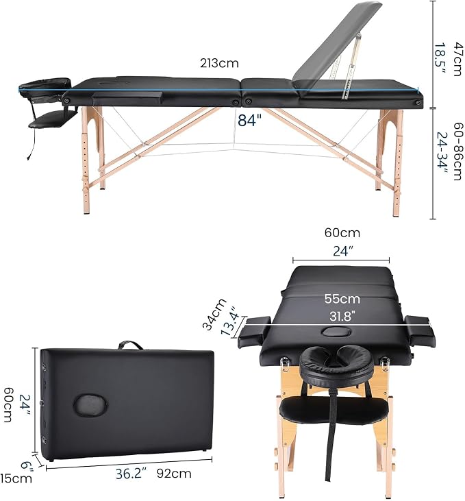 Portable Massage Table Massage Bed Professional SPA Reiki Eyelash Salon Bed, Wooden Frame Height Adjustment Accessories, Black (3-Section)