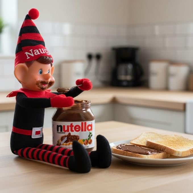 Toyland®️ Elves with Attitude 35cm (14") Red & Black 'Naughty' Elf Soft Toy - Knitted Hat & Legs - Vinyl Cheeky Face & Stick Together Hands - Festive Fun for All!