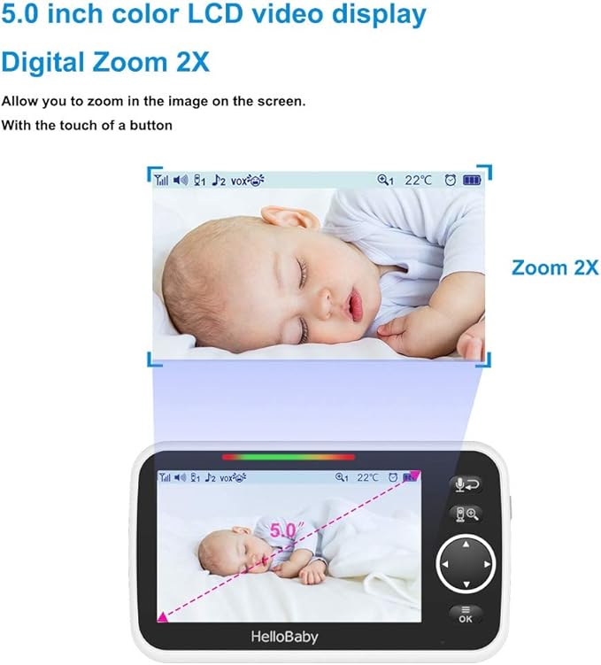 HelloBaby Video Baby Monitor with Camera and Audio, 5" Color LCD Screen, Monitor Camera, Infrared Night Vision, Temperature Display, Lullaby, Two Way Audio and VOX Mode