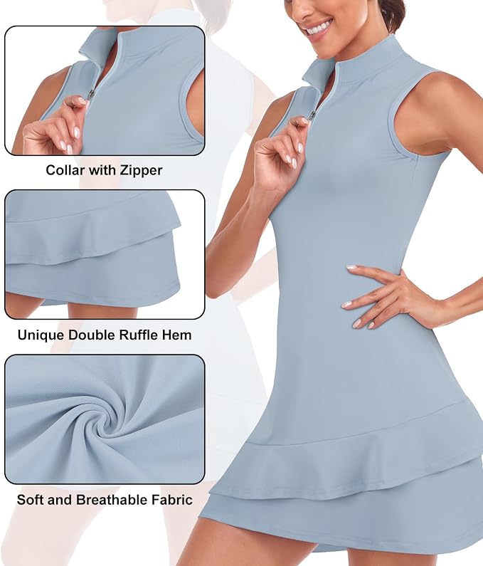 Viracy Tennis Dress for Women Sleeveless Golf Dresses with Shorts and Pockets Ruffle Zip Up Stand Collar Golf Outfits