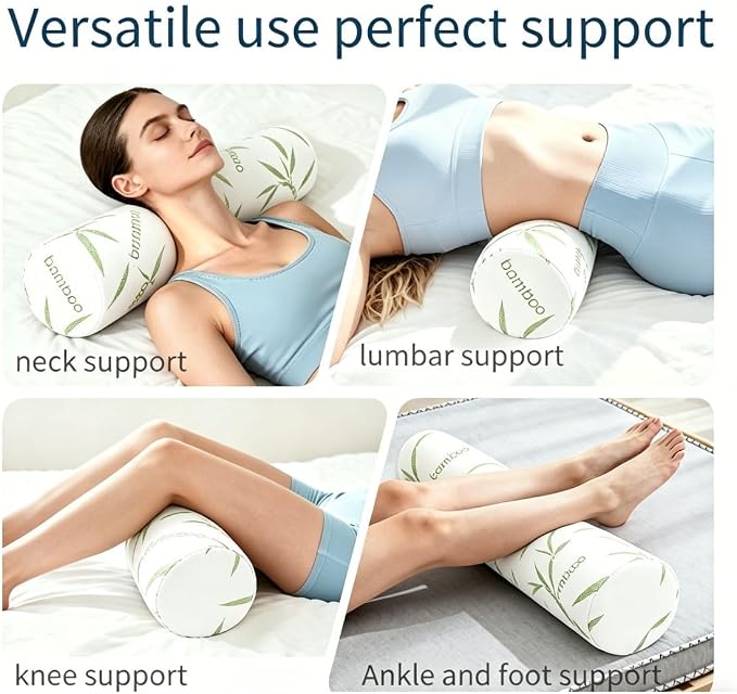 Cervical Neck Roll Pillow – Memory Foam Bolster Pillow for Neck & Back Support, Ergonomic Cylinder Pillow with Washable Bamboo Cover for Side Sleepers, Lumbar, Knee & Leg Support