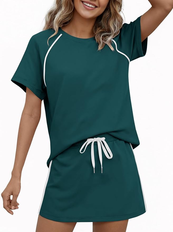 Womens 2 Piece Skirt Sets Summer Tennis Outfits Vacation Skort Set | Two Piece Sets, Short Set, Athletic Workout Golf Outfits, Crew Neck, Color Block, Drawstring, Workout Mathcing Lounge Sets