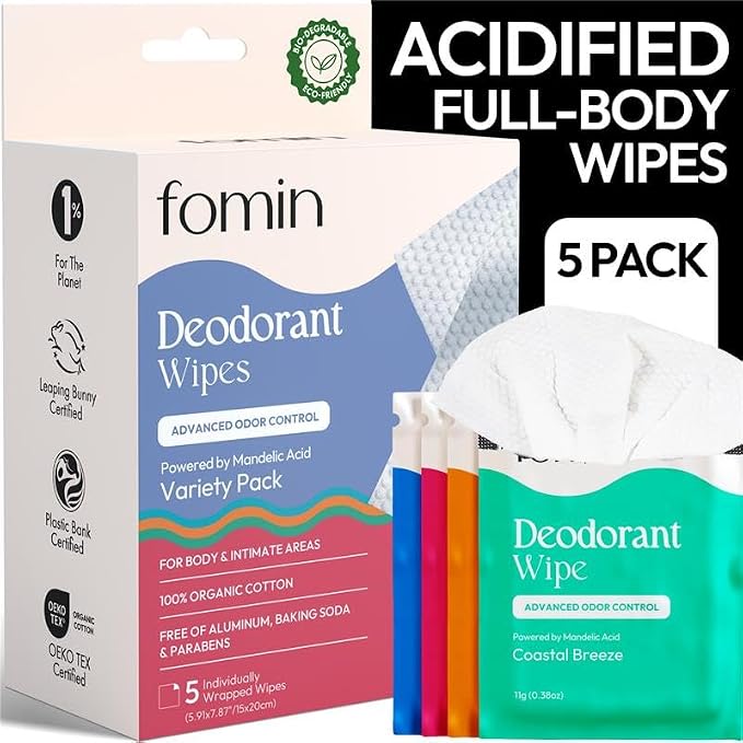 FOMIN Acidified Travel Deodorant Wipes For Women & Men - 5 Count - pH Balanced, Mini Deodorant Travel Size Wipe - Plastic-Free, Individually Wrapped Underarm Body Wipes