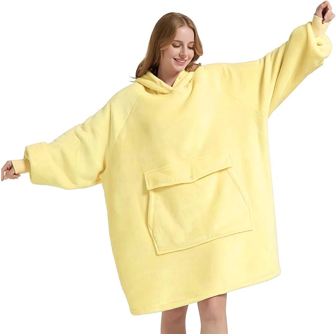 Krifey Wearable Blanket Hoodie, Oversized Sherpa Fleece Sweatshirt with Giant Pocket, Birthday Gifts for Women, Mom, Sister, Pastel Yellow