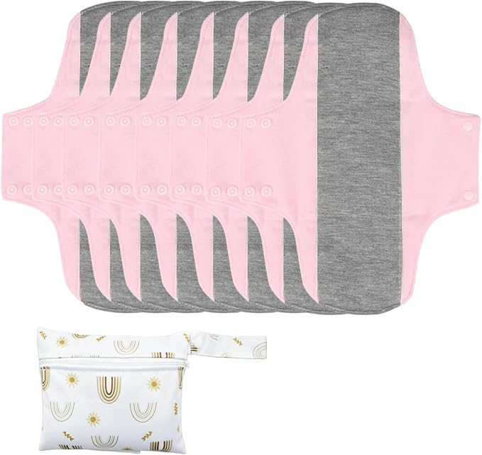 Washable Menstrual Pads,Graphene Cotton Cloth Reusable Incontinence Pads,Sanitary Napkins,with 1 Storage Bag,Panty Liners Pads,Period for Woman Postpartum/Incontinence(Pink/M/8pcs)