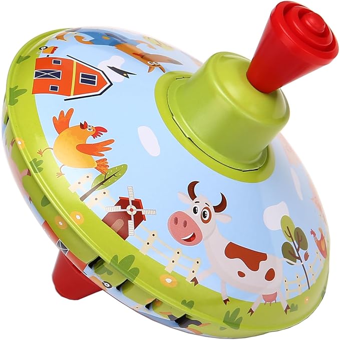 Fun Farm Spinning Top Tin Toy for Kids – Retro Classic Toys - Toddler Traditional Spin Tops - Metal Fidget Spinner for Kindergarten – Sensory Gyroscope - Novelty Present Party Favors