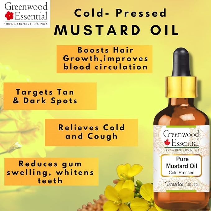 Greenwood Essential Mustard Oil (Brassica juncea) with Glass Dropper | Cold Pressed | Natural | Undiluted | for Diluting Essential Oils | for Skin & Massage | Men & Women | 50ml (1.69 oz)