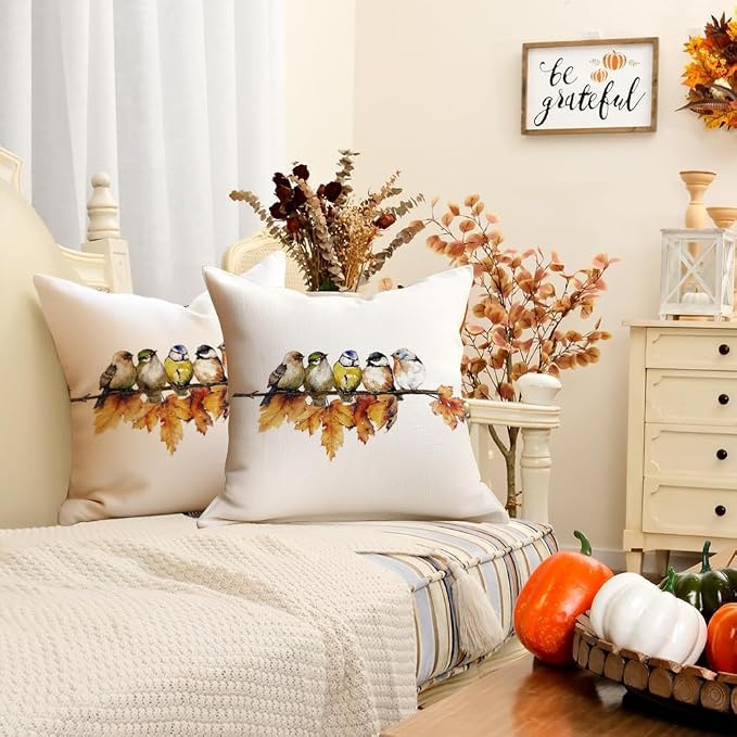 RABUSOFA Fall Pillow Covers 16x16 Inch Watercolor Bird Autumn Decorations for Home Outdoor Thanksgiving Decor Maple Leaf Decorative Throw Pillow Cases Farmhouse for Couch Sofa