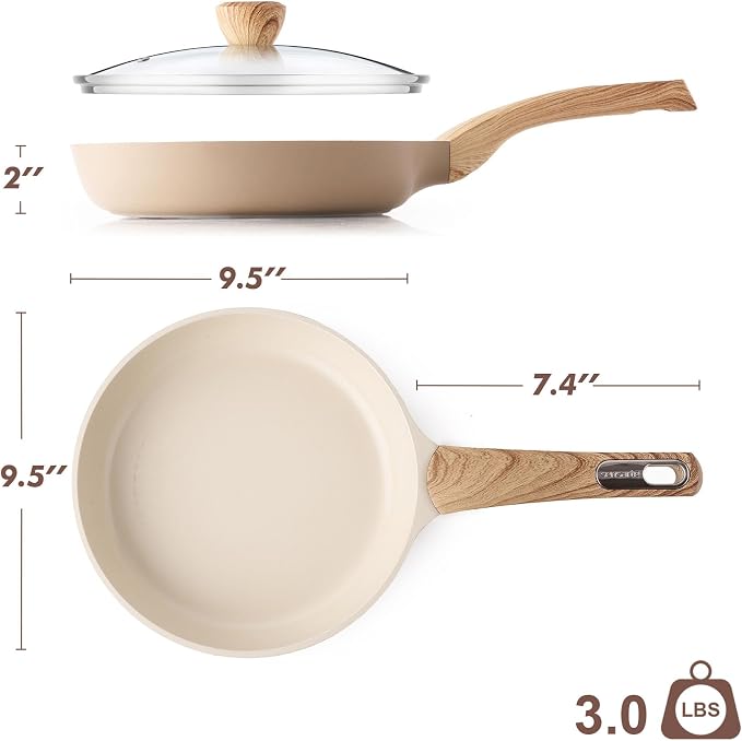 SENSARTE 9.5inch Ceramic Nonstick Frying Pan Skillet with Lid, Taupe | Non Stick Omelet Pans, Non-toxic Healthy Kitchen Cooking Chefs Pan, PFOA/PFAS/PTFE Free, Induction Compatible
