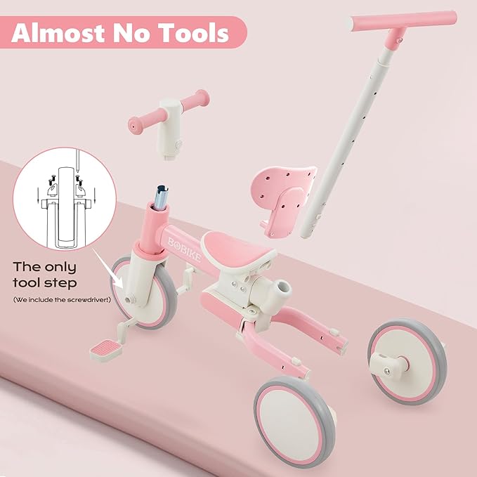 Bobike 5-in-1 Tricycle for Toddlers 18 Months to 5 Years Old, Toddler Bike, Kids Tricycle with Push Handle and Backrest, Toddler Balance Bike with Easy Assembly for Boys and Girls.(Pink)