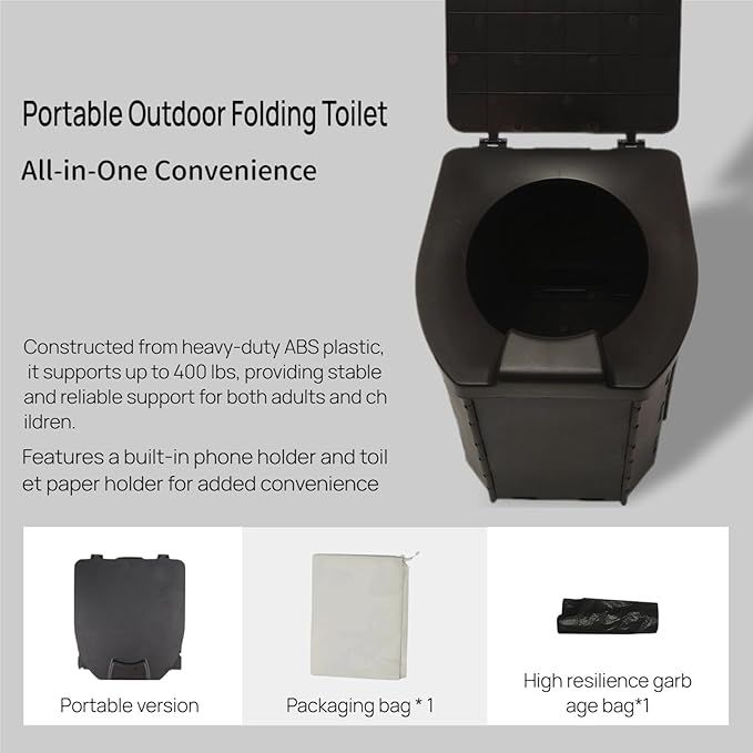 Portable Outdoor Folding Toilet, 400lbs Heavy-Duty Camping Toilet with Phone & Paper Holders, Compact, Easy Clean-up, for Adults/Kids, Car Travel, Beach, Hiking, and More