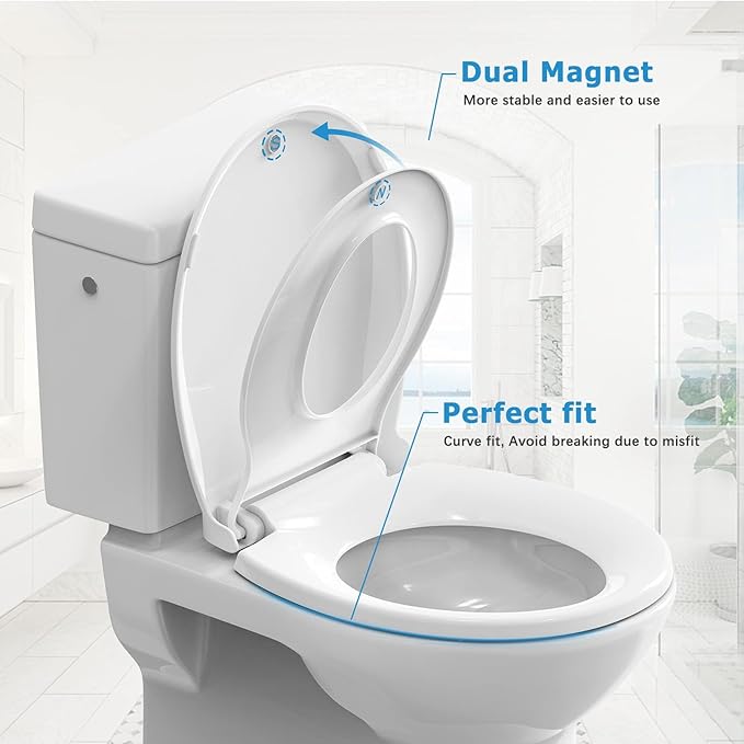 2-Pack White Round Toilet Seats with Built-In Potty Training, Adult and Child Design with Soft Quiet Close, Non-Slip Features, and Magnetic Kids Seat, Easy Installation for Round/Oval Toilets