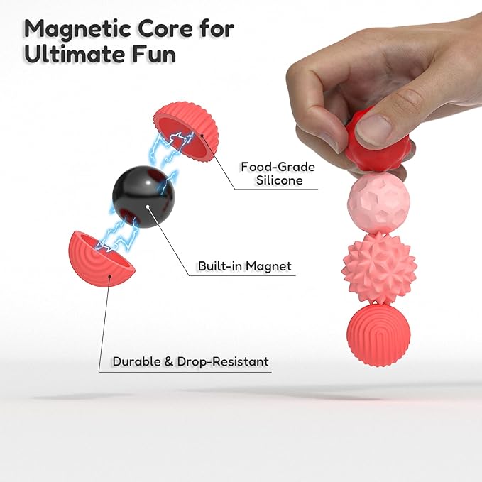 Large Magnetic Sensory Fidget Ball Toy, 8Pcs Silicone Sensory Stress Relief Toys for Adults, Teens with Autism, ADHD, Anxiety, Stocking Stuffers for Women Men Teen Gift (Red and Candy, Large)