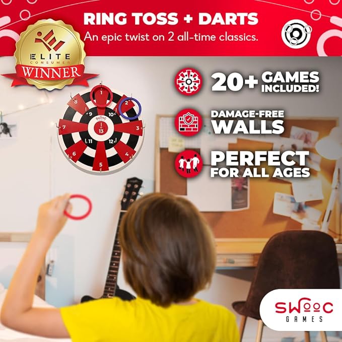 Swooc Games® ‒ Hook Darts Ring Toss Game ‒ Wood Board & Soft Rings ‒ 20+ Games Included for Kids & Adults ‒ Wall Mounted Ring and Hook ‒ Indoor & Outdoor Wall Decor for Game Room, Patio, Garage, Yard
