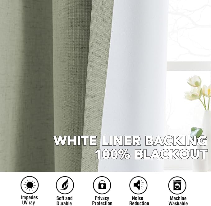 H.VERSAILTEX Linen Curtains 100% Blackout Curtains for Bedroom 108 inch Long Full Light Blocking Nature Linen Blended Window Curtains for Living Room Nickel Grommet (2 Panels, Heathered Tea)