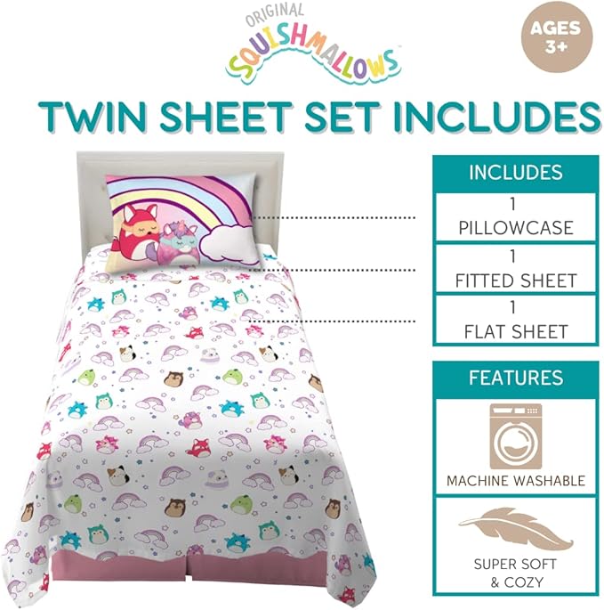 Franco Squishmallows Bedding Super Soft Microfiber Sheet Set,3 pcs, Twin